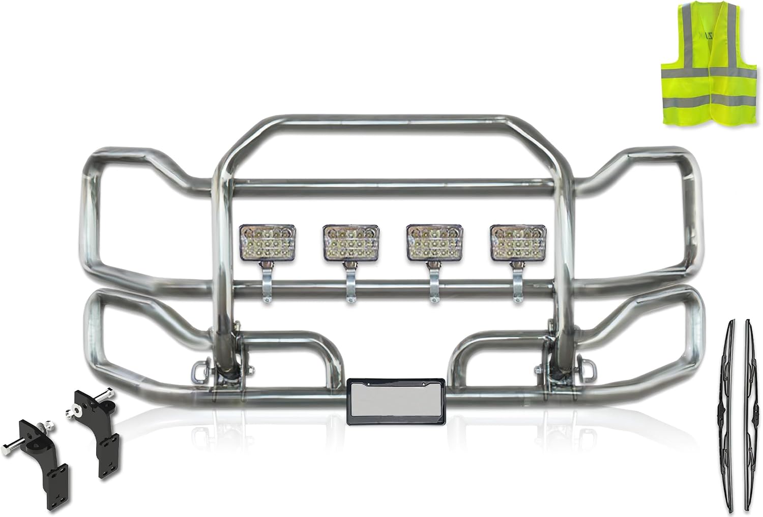 Chrome Front Grille Deer Moose Brush Bumper Guard Large w/ 4X 6 Square LED Headlights Compatible with Mack CH Set Back 2004-Current Plus Brackets, Wipers, License Plate Holder and Frame, Vest