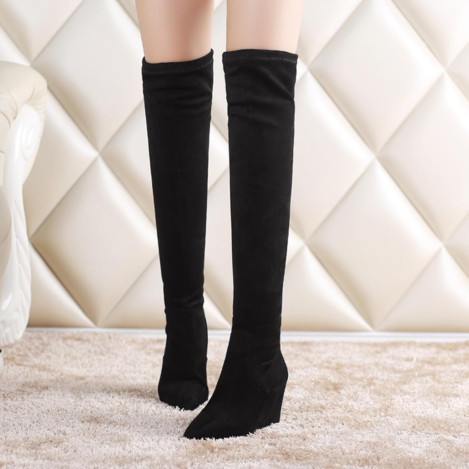 Gicoiz Wedge Over The Knee Stretch Boots Women Pointed Toe