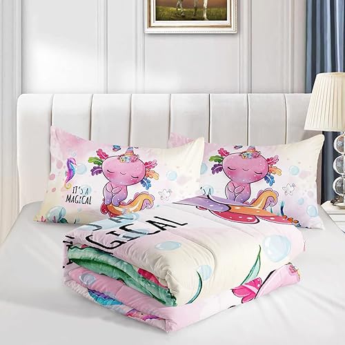 Miniatura 4 de CVHOUSE Axolotl - Juego de edredón tamaño matrimonial, juego de ropa de cama de ajolote de dibujos animados para niños, lindo juego de edredón de