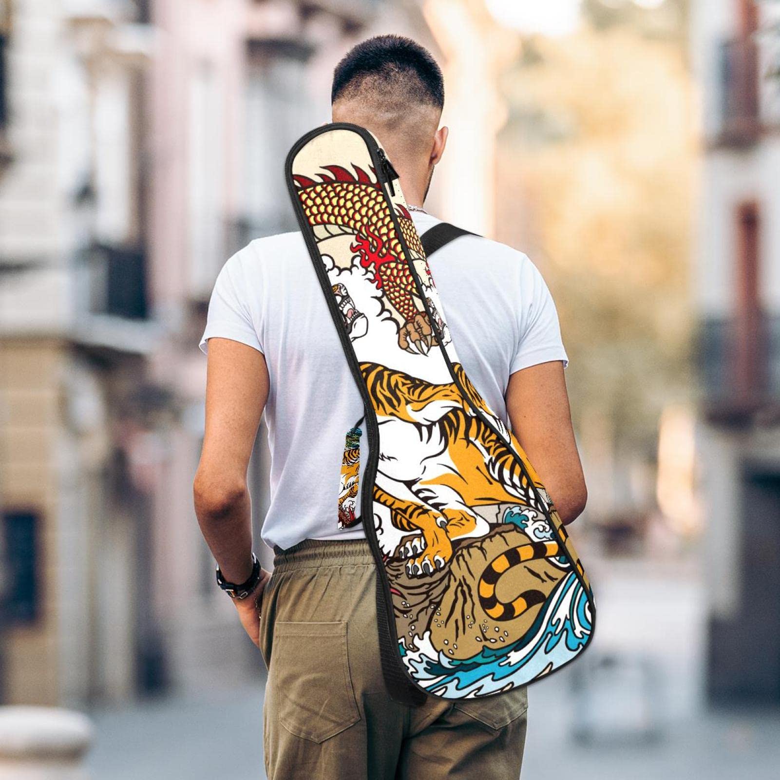 Sac à dos robuste pour ukulélé de concert - Sac de rangement pour ukulélé soprano - Sac rembourré de 10 mm - Motif tigre chinois