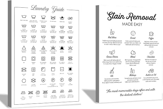 Laundry Canvas Wall Art Laundry Care Symbols Chart Poster Black and White Word Picture Modern Minimalist Painting Stain Removal Guide Sign Poster Minimalist Inspirational Wall Art 16x24inchx2 Framed