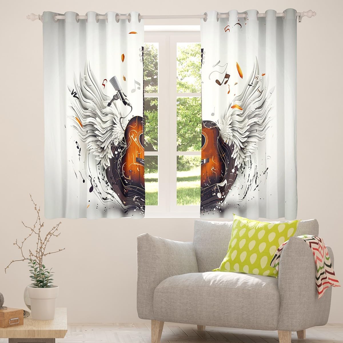 Manfei Guitar Kids Blackout Curtain,Retro Vinyl Record Musical Notes Angel Wings Window Drapes for Boys Girls,Rock Roll Music Brown Grey Window Treatments Grommet Top 2 Panel Set,42Wx90L inch