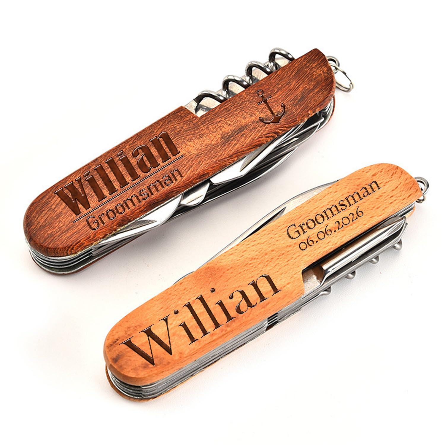 Multitool 8-en-1 Personnalisé Avec Gravure, Pince Pliante Compacte Avec Manche En Bois, Mini Outil De Poche EDC for Camping, Cadeau De Noël Unique & Idée Cadeau Garçon D'Honneur for Hommes(6pcs)