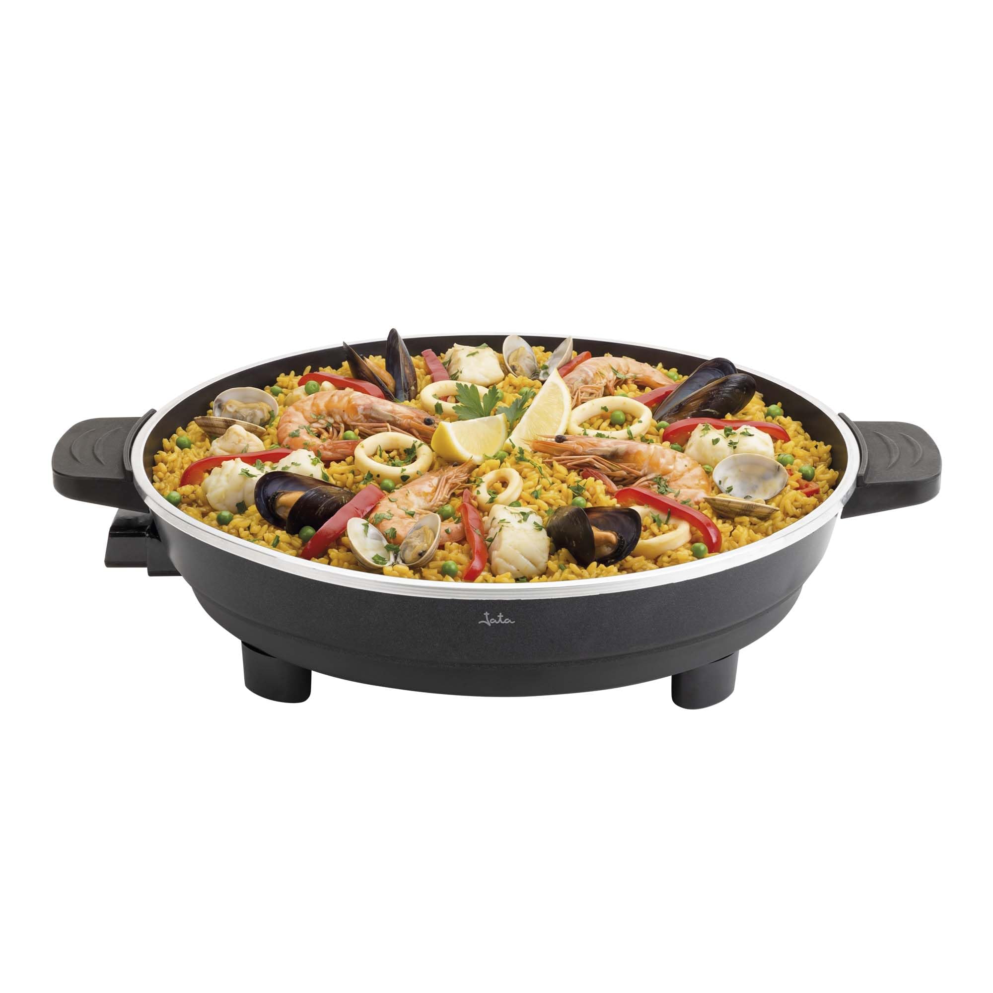 JATA JEPE1601 - Paellera Eléctrica 43 cm con Tapa de Cristal, Sartén Eléctrica Antiadherente 2000W, Termostato Regulable, Tapa de Cristal con Válvula de Vapor, Ideal para Paellas, Arroces, Fideuá, ...