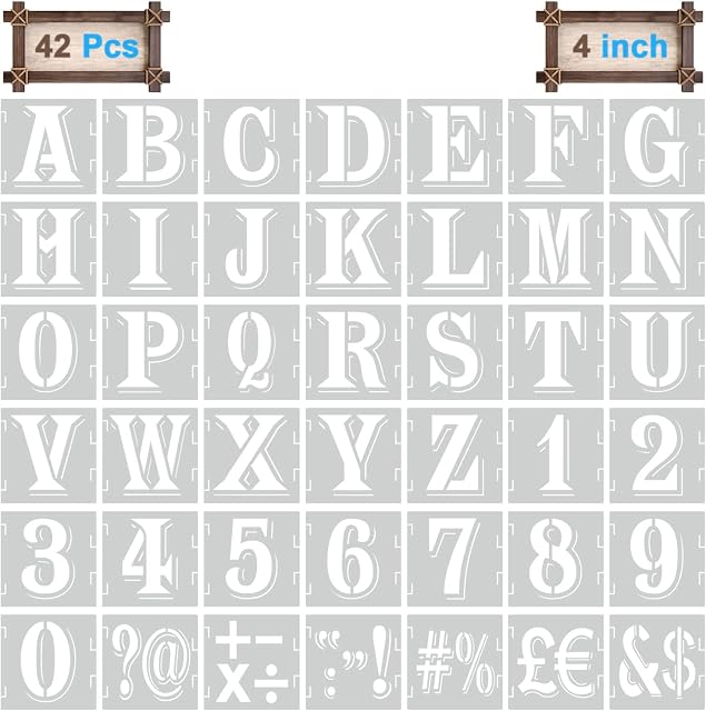 4 Inch Alphabet Letter Stencils Kit, 42 Pcs Reusable Interlocking Plastic Letter Templates and Number Stencils for Painting on Wood Wall Fabric Rock Chalkboard Signage DIY Art Project