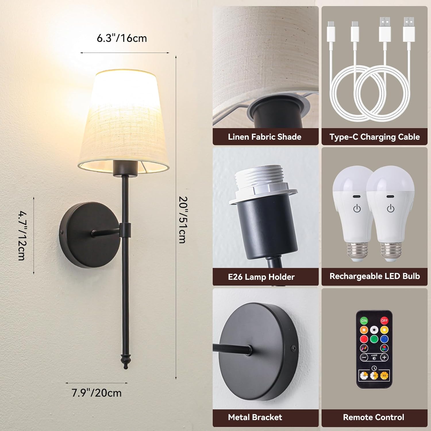 Wall Lights Battery Operated Wall Sconces Set of 2, Rechargeable Wall Sconce with Dimmable Bulbs and Remote, Black Wireless Wall Lamps Battery Powered with Fabric Shade