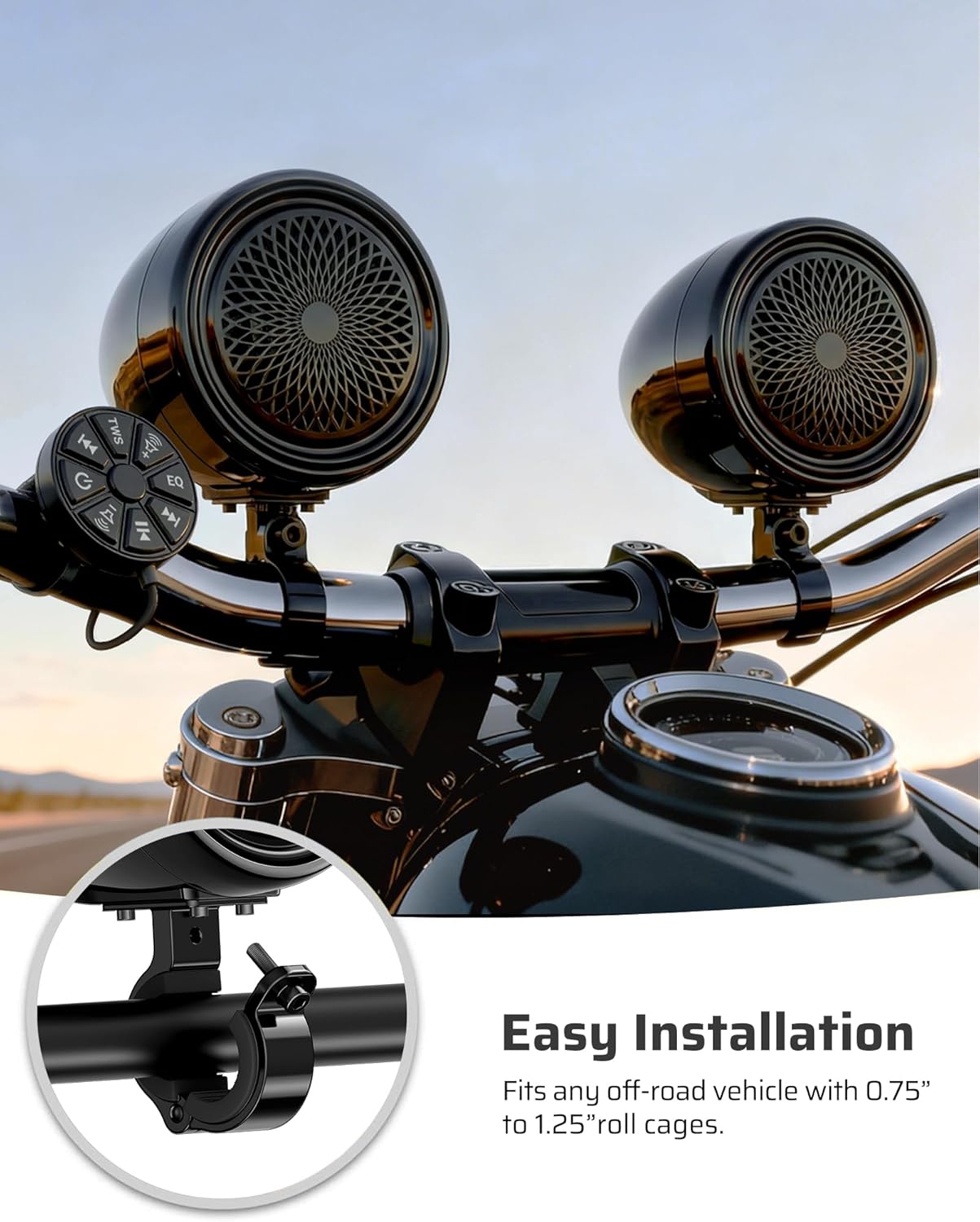 Ehaho 4" Motorcycle Speakers Bluetooth, Waterproof Motorcycle Handlebar Speakers System with Amplifier,Wire Control,FM,USB, Compatible with Harley ATV Scooter 4-Wheeler Golf Cart Jet Ski-Black