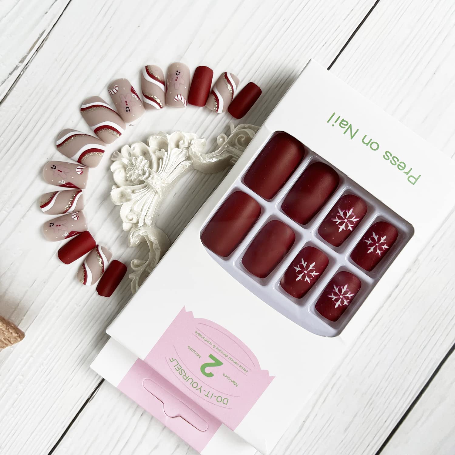 Square Christmas Press on Nails Medium length Acrylic Fake Nails with Nail Glue Matte Artificial False Nails Snowflake Sled Stripe Design Stick on Nails for Women Girls Manicure Decorations 24Pcs?Red?