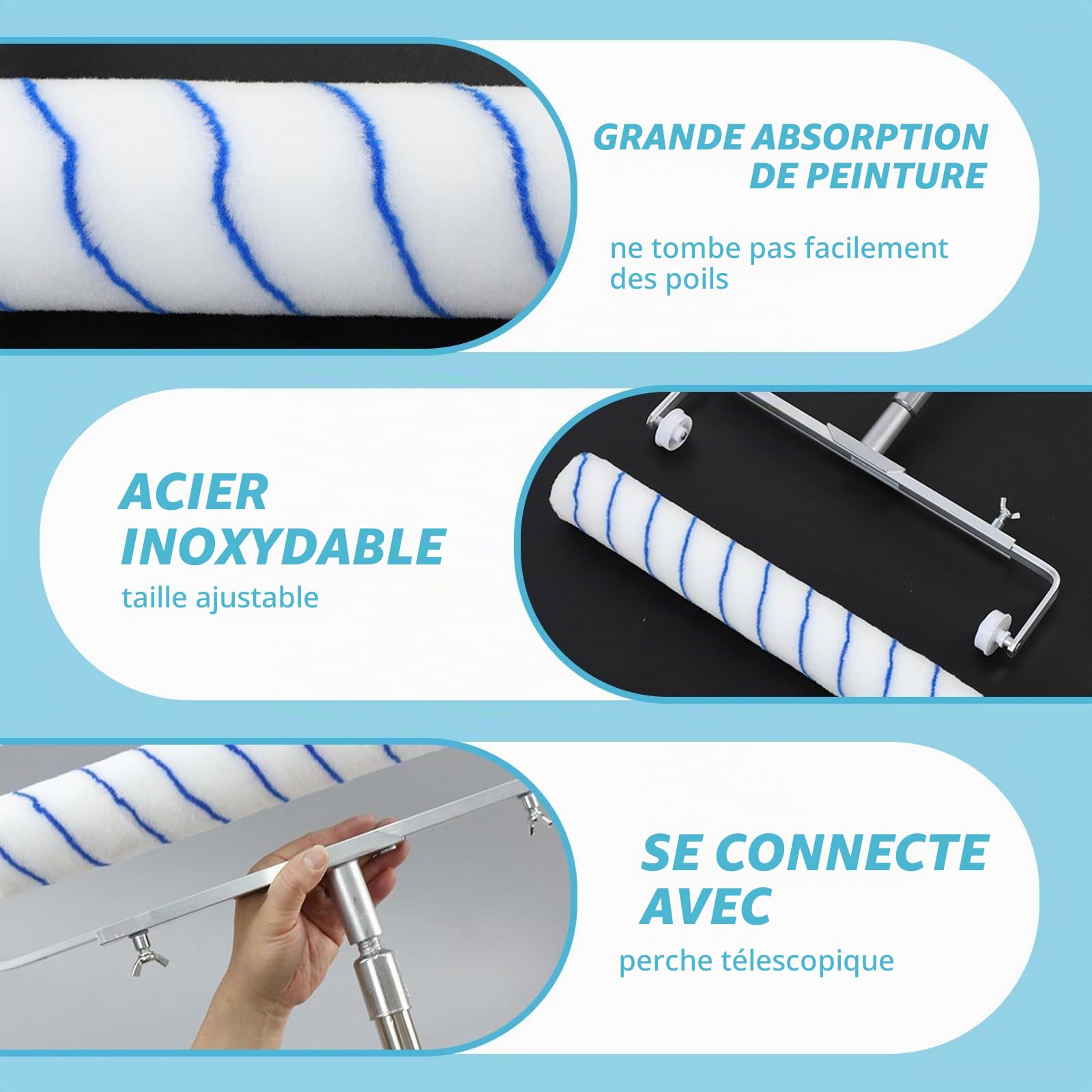 W&H Lot de rouleaux de peinture 9 pièces – 45 cm Rouleaux et bac sur roues, rouleau, support réglable, perche télescopique 43‑160 cm – pour murs, plafonds, intérieur/extérieur