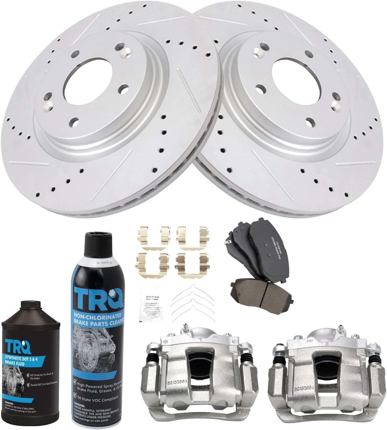 TRQ Front Performance Brake Pad & Rotor Kit Brake Caliper Brake Chemical Kit Brake Pads Brake Rotors Set Ceramic Premium G-Coated Compatible with 2016 Kia Optima