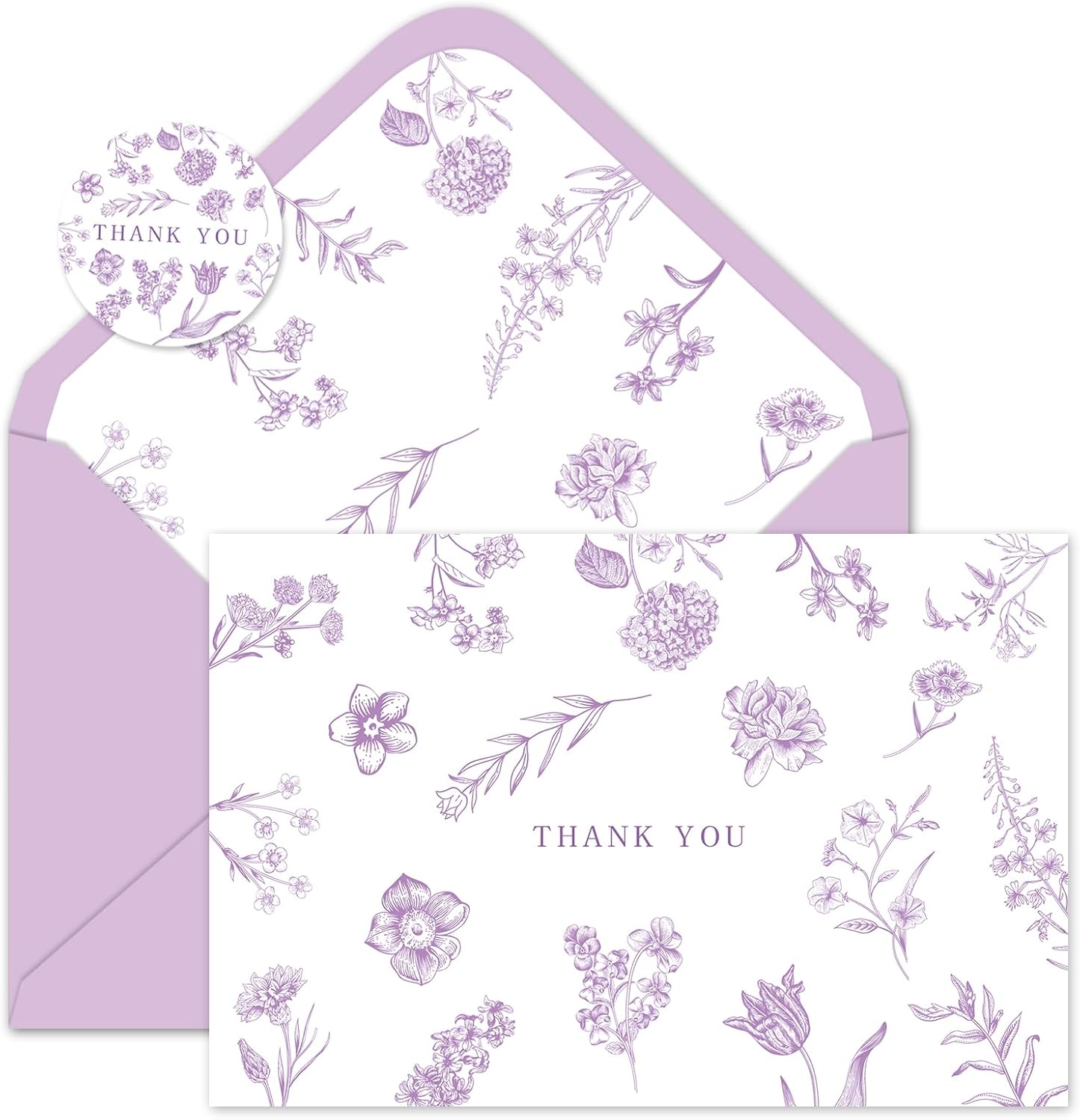 Whaline 36Pcs Light Purple Floral Thank You Cards Purple Greeting Cards Blank Note Card with Envelopes Stickers for Weddings Bridal Shower Baby Shower