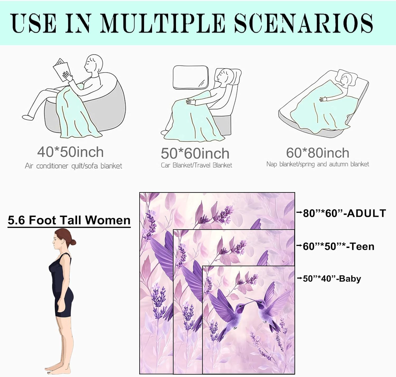 Purple Hummingbird Fleece Blanket - 50x60in Cute Bird and Lavender Floral Throw Blankets,Soft Cozy Lightweight, Ideal for Living Room Home Rustic Decor and Kids Women Girls Spring Gifts - Image 3