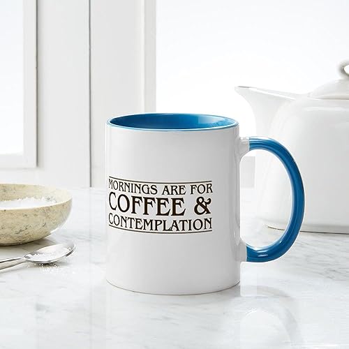 Vista 19 de CafePress Mornings Are For Coffee And Contemplation - Taza de café de cerámica de 11 oz (11.0 fl oz) Blanco,Interior blanco y negro.