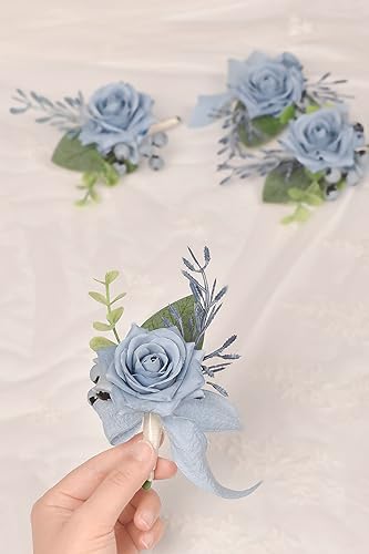 Miniatura 6 de YSUCAU Juego de pulsera de ramillete de rosa azul polvoriento, para hombres, para boda, pulseras de ramillete de flores artificiales para decoración