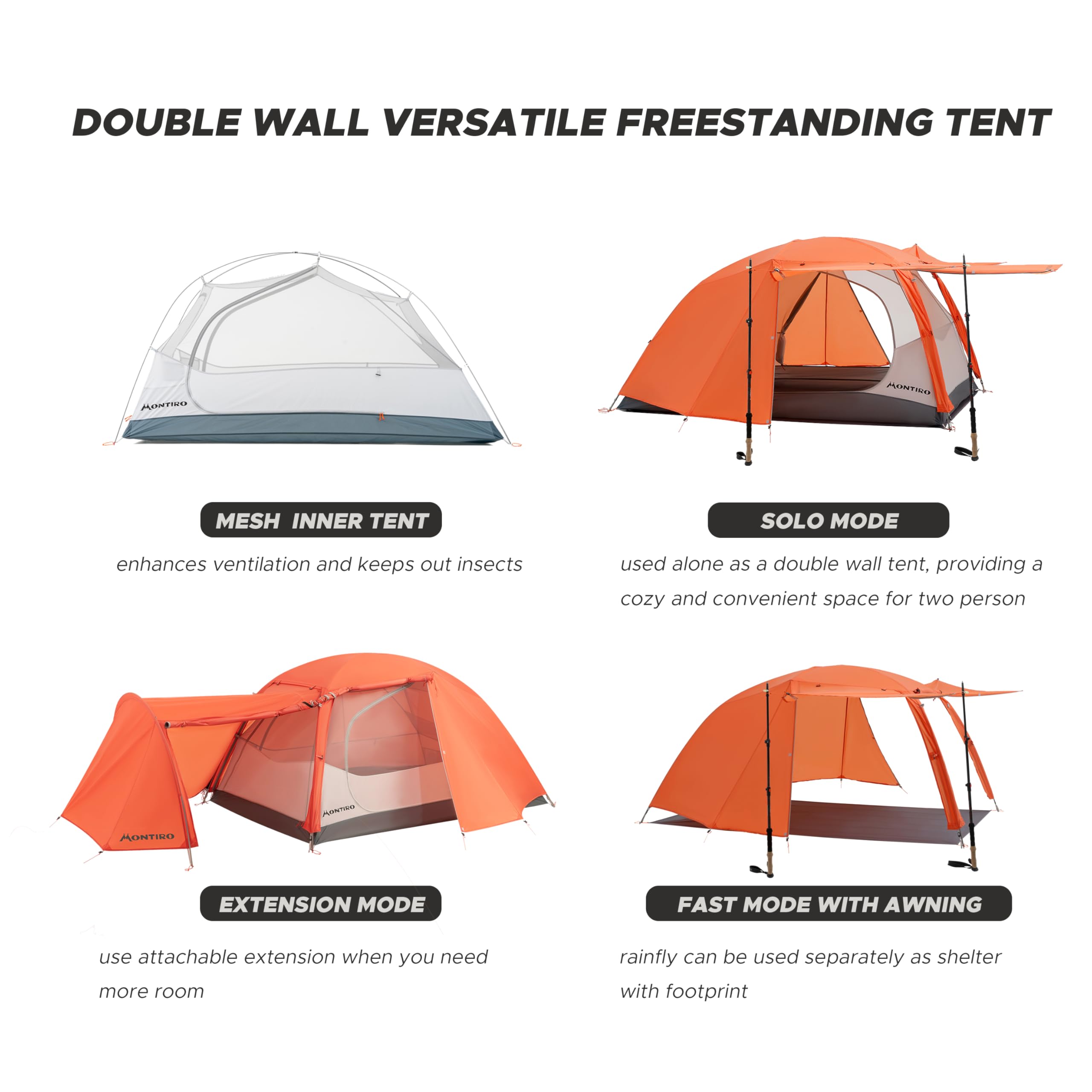 Montiro Triphyr Backpacking Tent with F-Nexus Extension 2-Person Combo, Attachable Shelter, Lightweight 2 Person Tent with Footprint & Vestibule for Backpacking Camping Hiking & Biking (Orange)