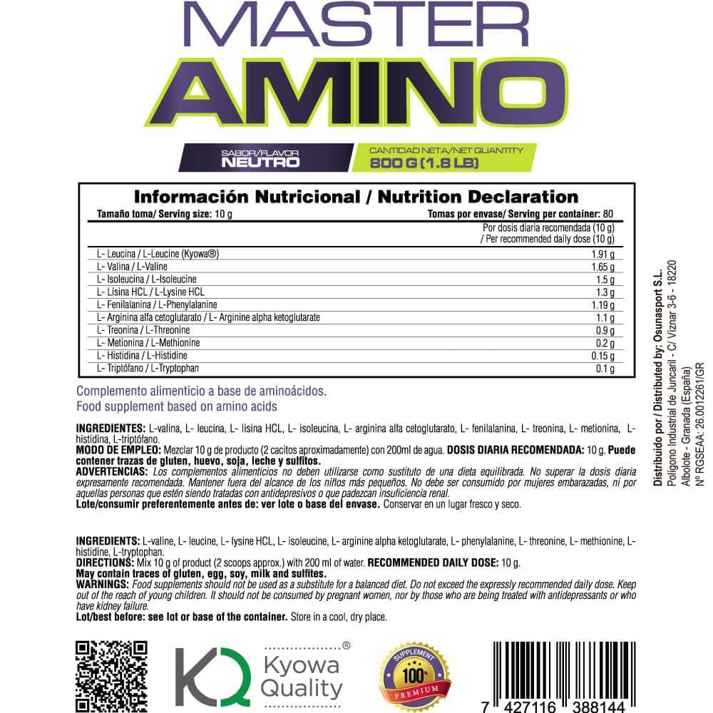 MASmusculo - 9 Aminoácidos Esenciales - Complejo EAA en Polvo 800g - Recuperador Muscular - Mayor Rendimiento Físico - Energía - Master Amino Complex - Sabor Neutro