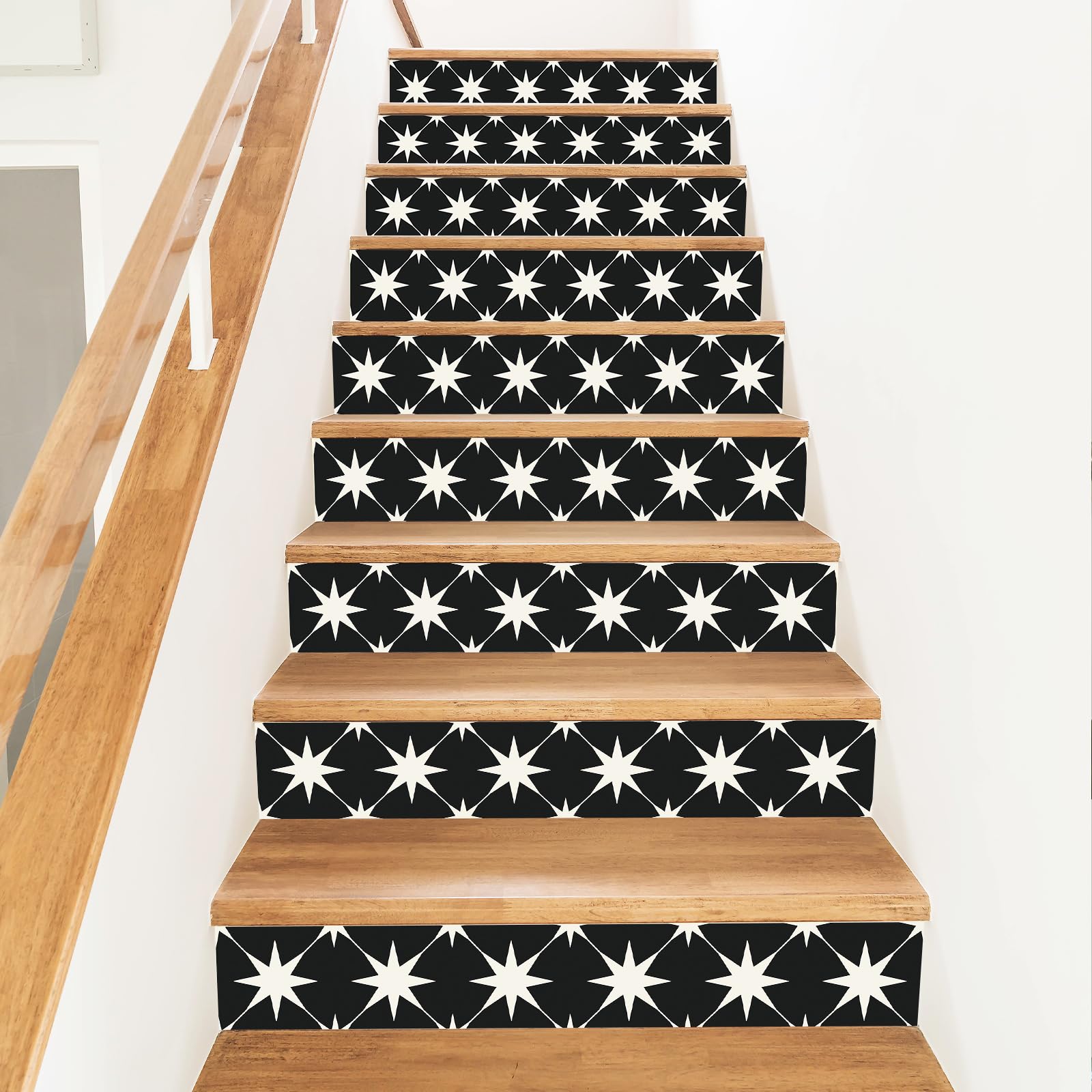 PLIGREAT Black with Beige Star Stair Risers Decals, 15 Pack Peel and Stick Staircase Stickers Self-Adhesive Creative Art Staircase Murals for Steps DIY Home Hotel Stair Makeover Decor, 18x100cm