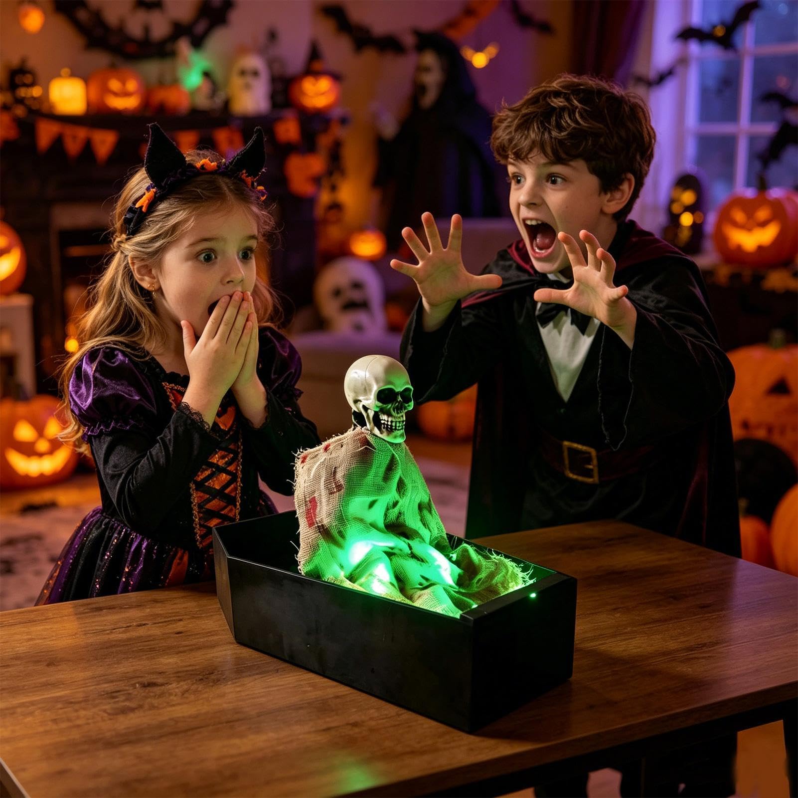 Esqueleto de Halloween Accesorio De Terror Activado Por Voz En Ataúd | Decoración de Halloween para Exterior Esqueleto con Sonidos Aterradores y Luz LED Verde Para Patio Casa Encantada