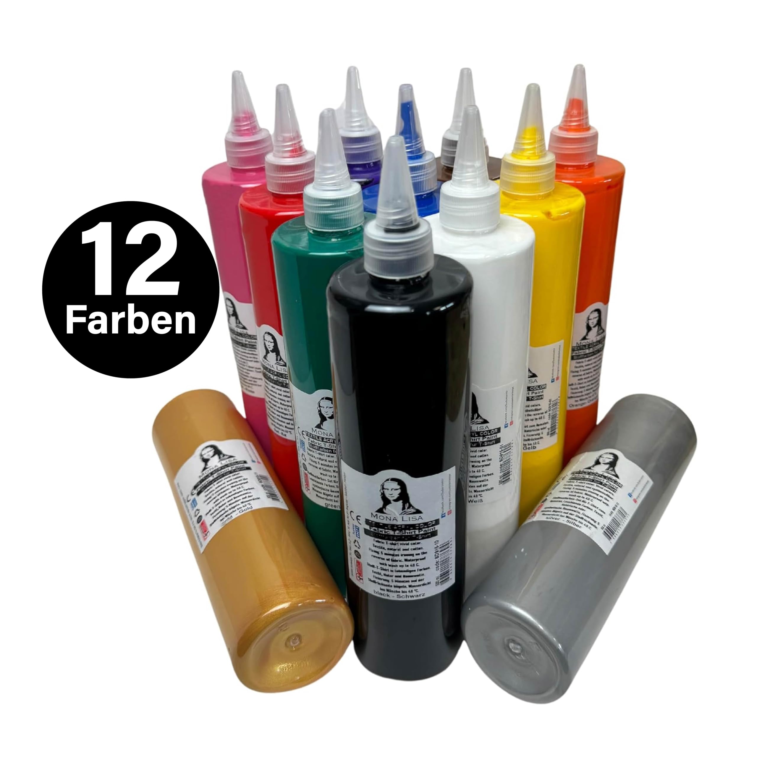 SÜDOR Zestaw farb do tkanin. 12 kolorów po 500 ml. Akrylowa farba do tekstyliów. Odporna na pranie farba tekstylna do jasnych tkanin. Można prać w pralce. Farba do malowania tekstyliów (zestaw 12