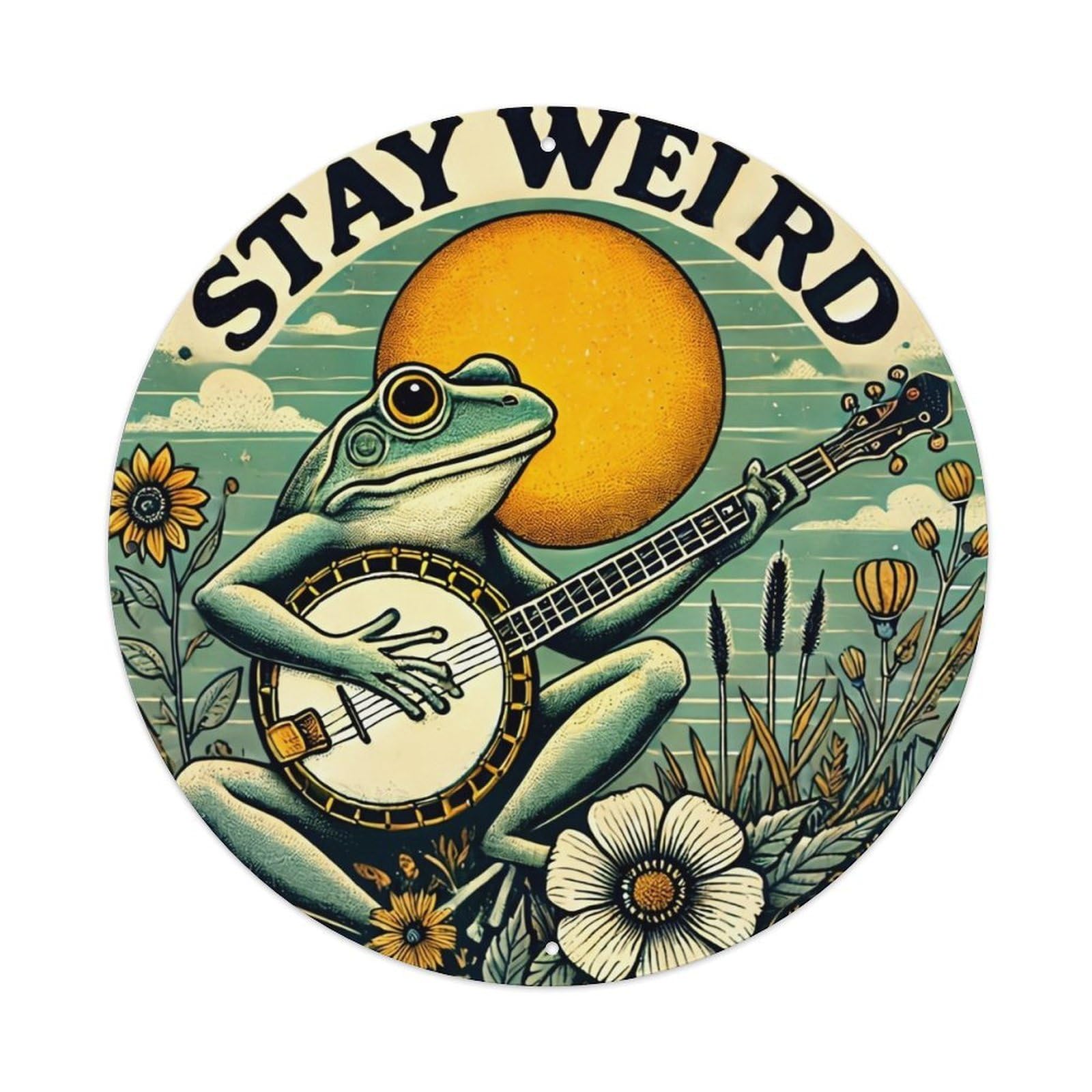 Frog Playing Banjo Under Sun Retro Metal Sign Round Tin Sign, Vintage Decor Art Poster for Bar, Home, Man Cave, Kitchen, Laundry Room Gift 8x8Inch