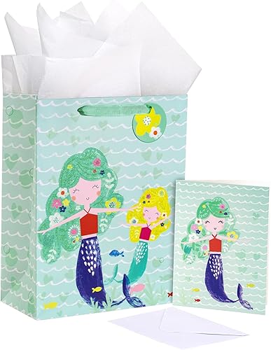 LeZakaa Bolsa de regalo de sirena de 13 pulgadas, bolsa de regalo mediana azul claro con papel de seda, etiqueta de regalo y tarjeta para