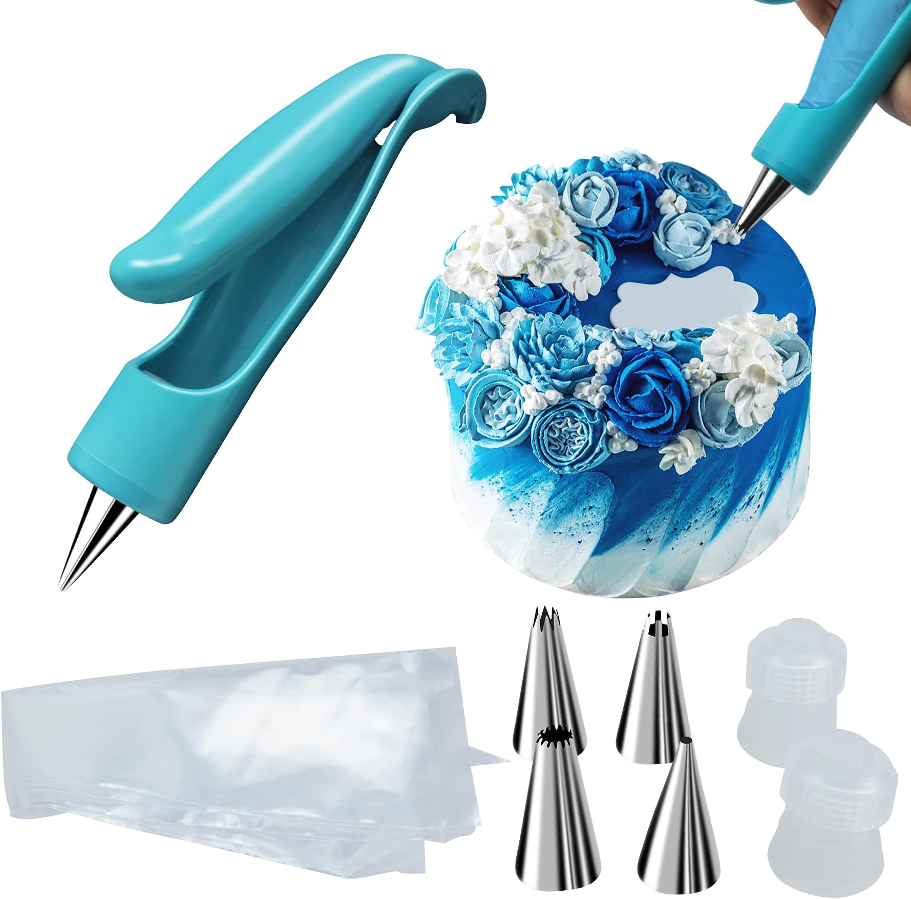 Cake Decorating Kit, Icing Pen Decor Kit DIY Cake Decor Pen Supplies for Beginners- 4 Different Shaped Nibs 4 Icing Piping Bags 2 Coupler Tools, Blue