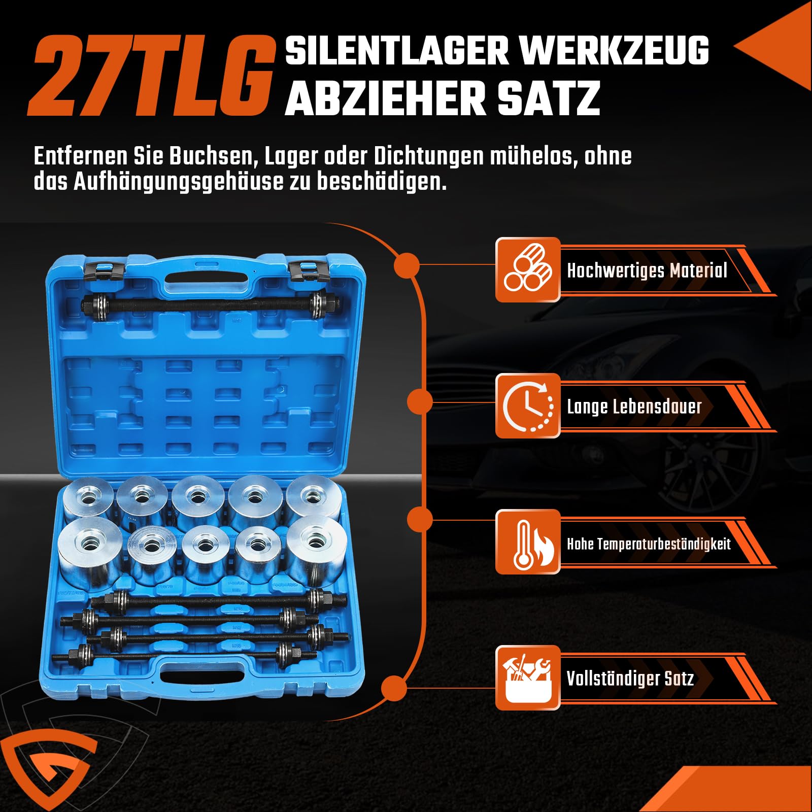 GEARMONSTER 27tlg Radlager Abzieher Set, Silentlager Abzieher Werkzeug Gummibuchsen Druckhülsen Set mit Aufbewahrungskoffer für Auto, PKW, LKW Achslager Montage Demontage Druckhülsen Satz
