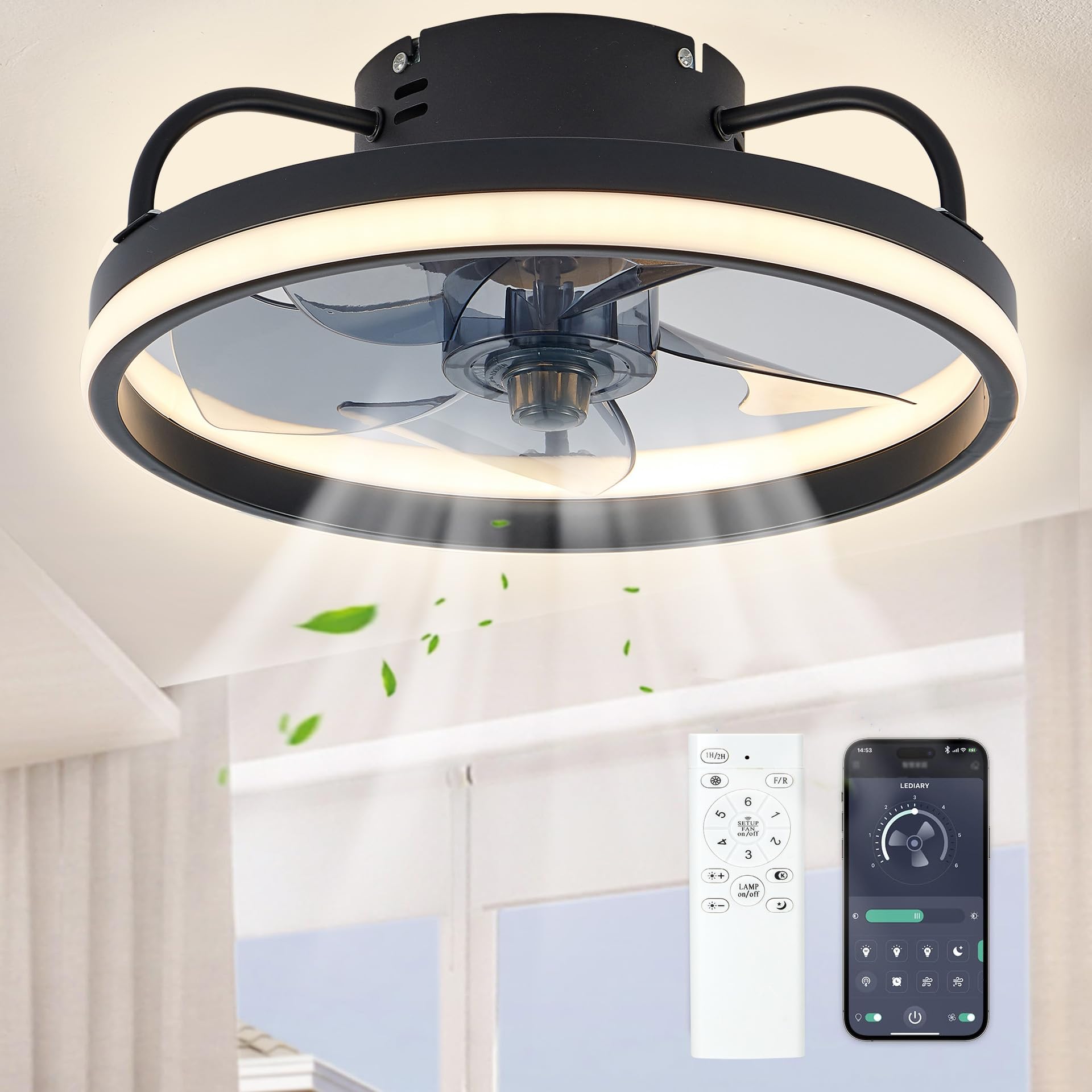 Ventilador silencioso de techo con luz de 33/50 cm, con iluminación y mando a distancia, 6 velocidades, LED regulable 55 W, aplicación inteligente, iluminación silenciosa y moderna para sala de estar