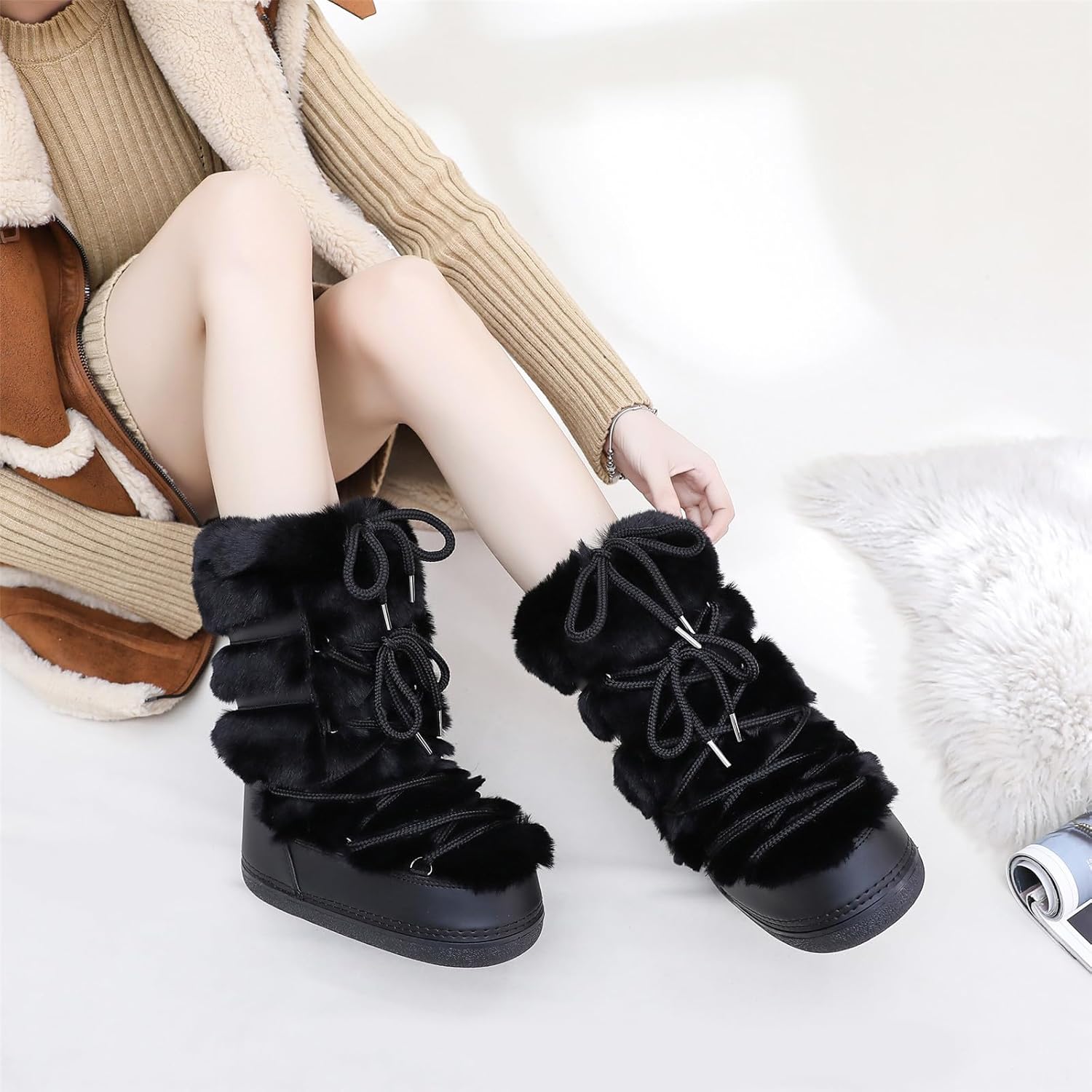 Furry Faux Fur Boots for Women - Fuzzy Winter Snow Boots - Fluffy Black White Pink Fur Boots - Lace-up Mid-Calf Water-Resistant Platform Boots - Image 6