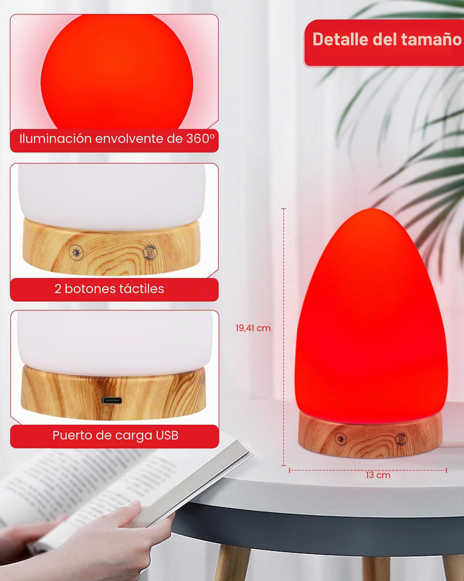 Aoife Lámpara de luz nocturna roja para dormir, lámpara de escritorio roja con longitud de onda de 670 nm, multicolor y opciones de brillo, control remoto, carga USB, diseño elegante