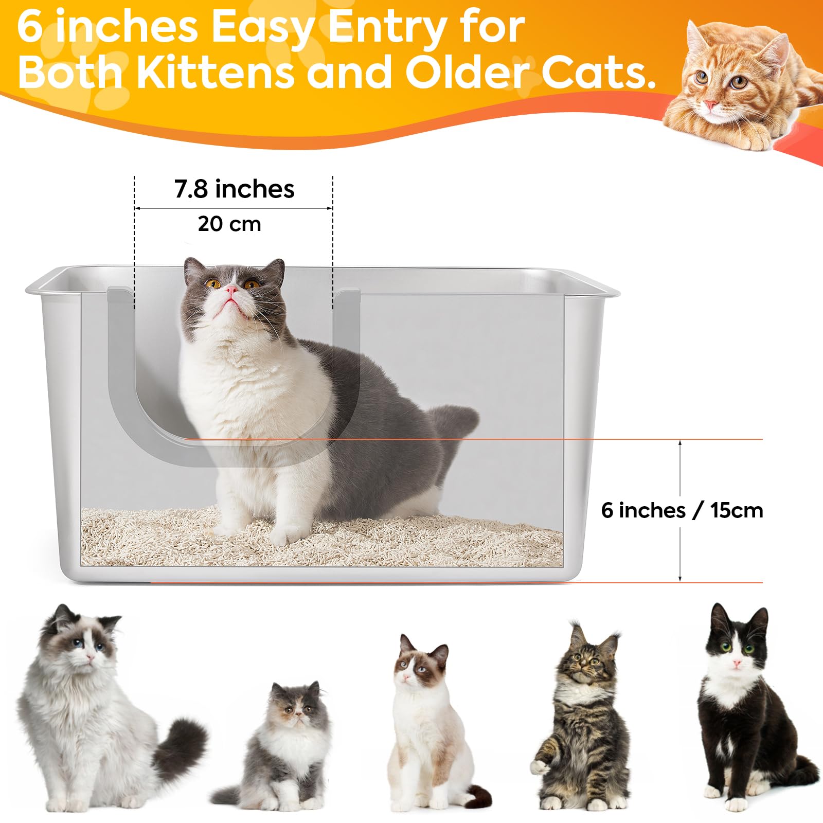 Yangbaga Katzenklo Edelstahl XXL,Offenes Katzentoilette mit Hohem Rand,Katzenklo Metall für Große Katzen und Kätzchen,Geruchsfreie,Auslaufsicher, Griff Freundlich,60x40x30cm