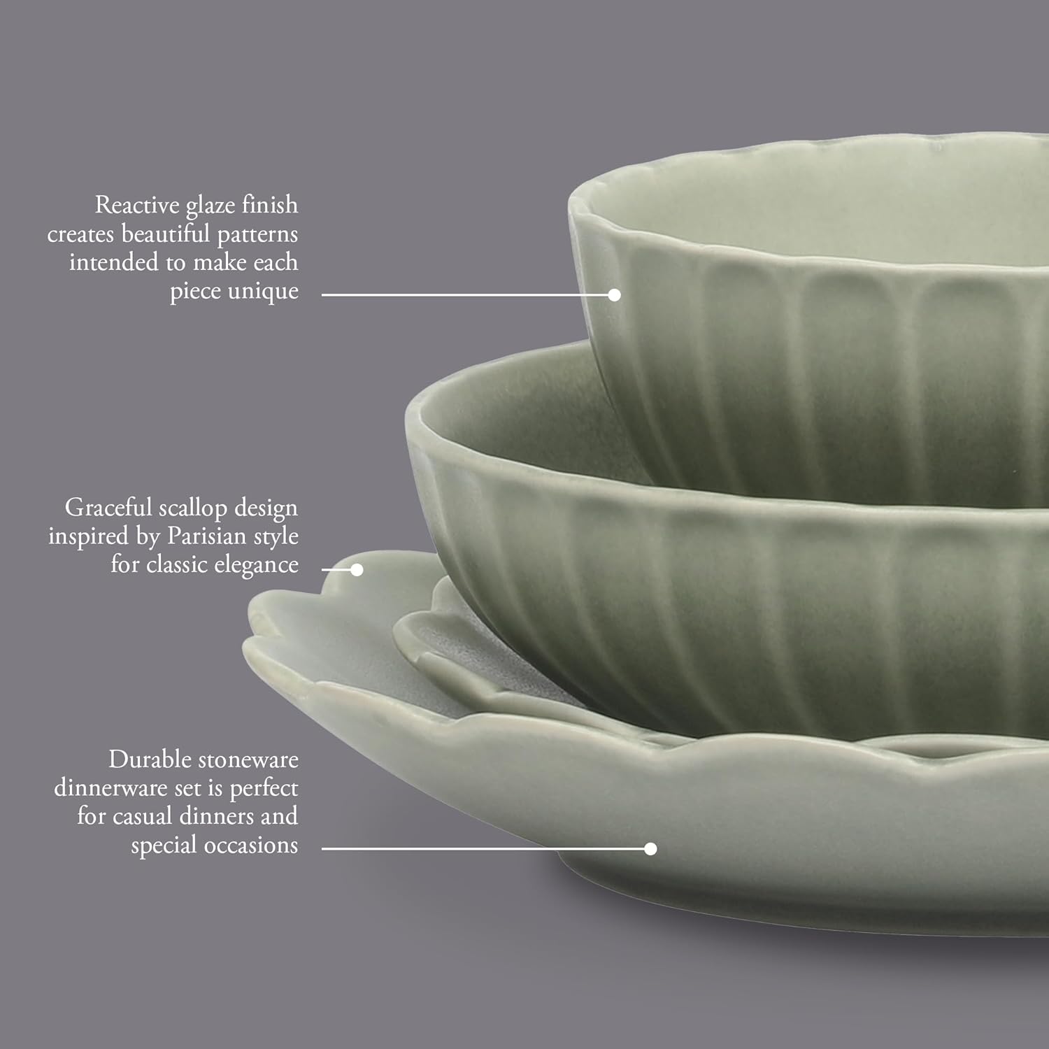 Gibson Elite Malibu Shore 16 Piece Scallop Stoneware Reactive Glaze (Service for 4) Ceramic Plates and Bowls Dinnerware Set - Green - Image 3