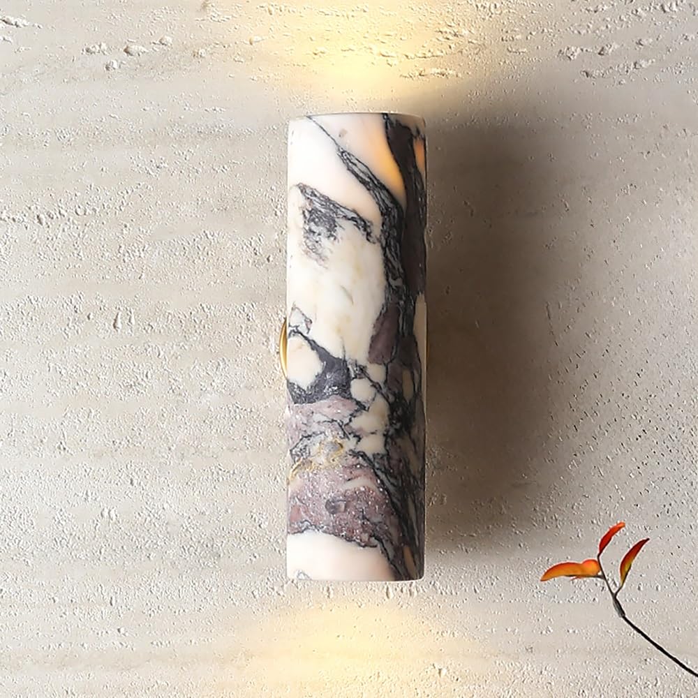 ITOSUI Modern Marble Cylinder Wall Mounted Lighting Fixture, Natural Stone Wall Sconce with Gold Base, G9 Minimalist Interior Wall Lamp for Dining Room, Corridor & Bedside Accent