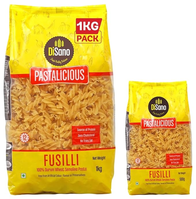 Pastalicious 100% Durum Wheat Fusilli Pasta, 1kg & DiSano Pastalicious 100% Durum Wheat Macroni Pasta, Elbow, 500g