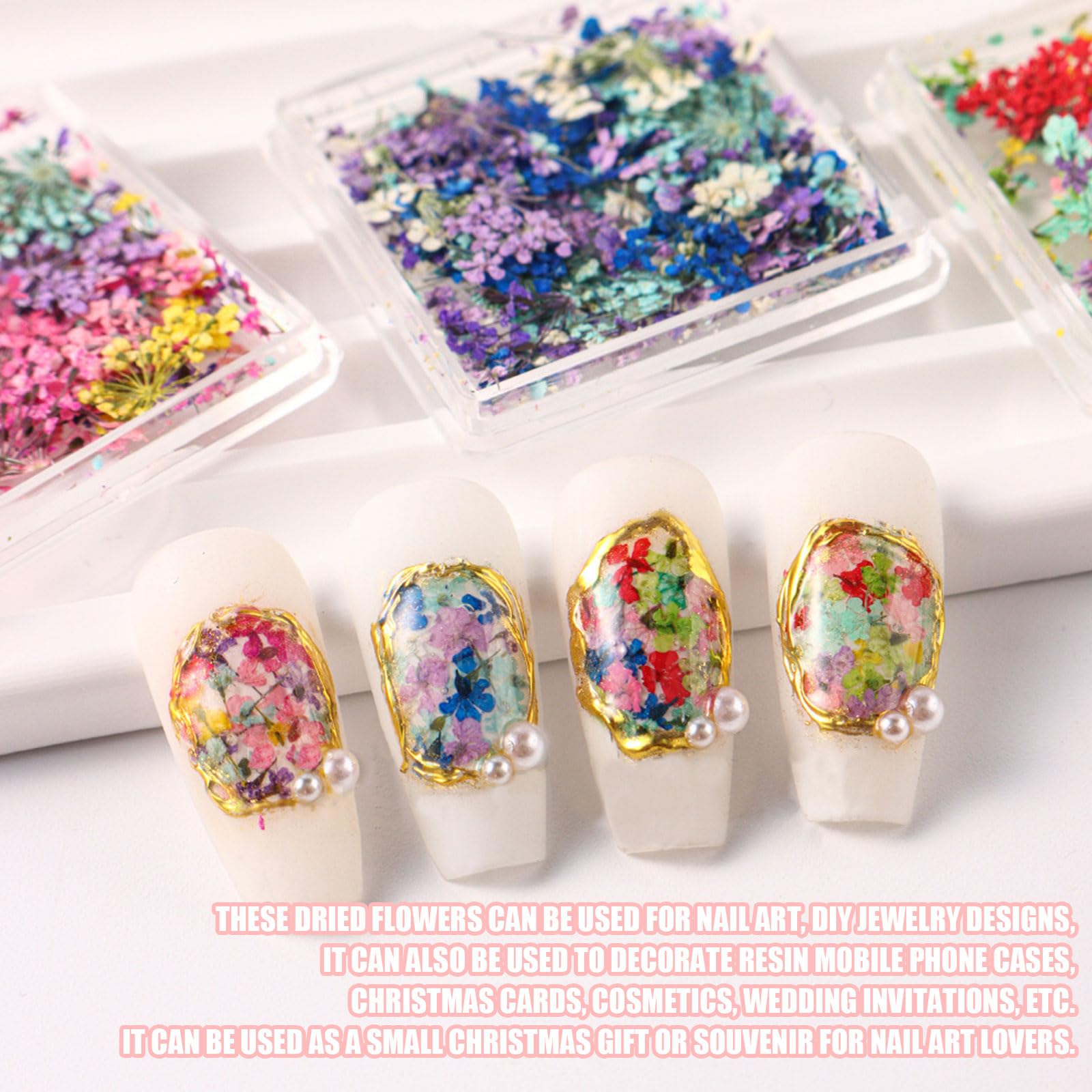 Dry Flowers Nail Art,4 Boxes 3D Nail Art Dried Flower,Colorful Natural Real Dried Flower Nails Decals Supplies for Manicure Design Decoration DIY Craft (Colorful 4 Boxes) - Image 4
