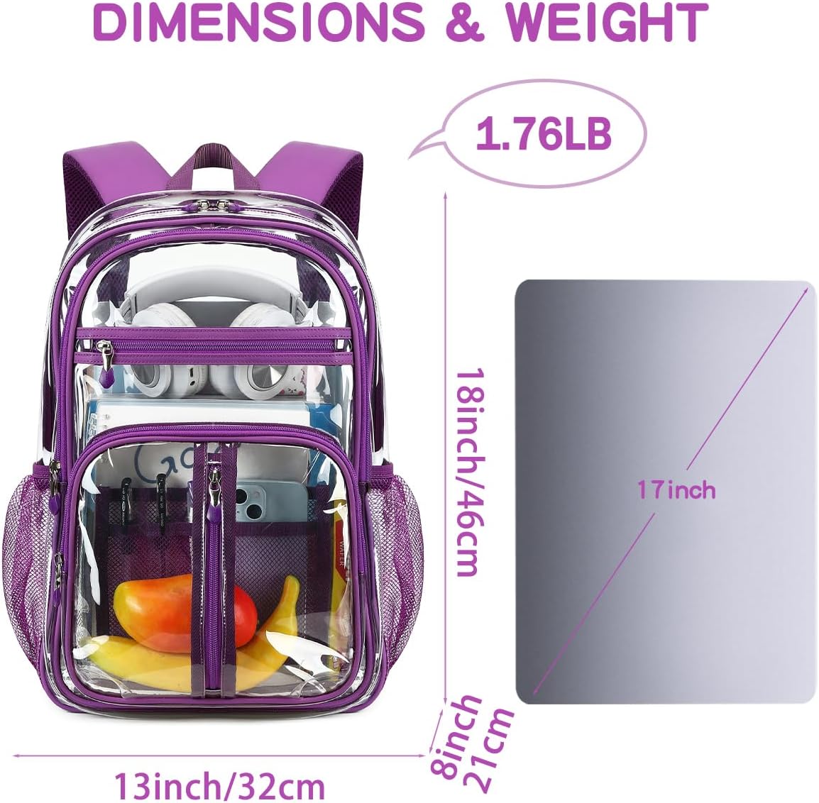 Cusangel Clear TPU XL Backpack for Girls Women,18" See Through Heavy Duty Bookbag,warehouses, school and other security check locations(Purple) - Image 4