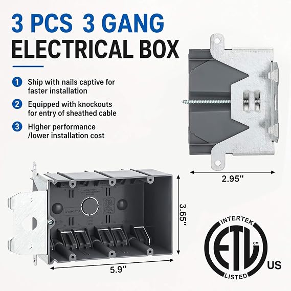 Copkim 3 Pcs 3 Gang Electrical Box Adjustable Old Work Outlet Box