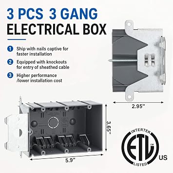 Copkim 3 Pcs 3 Gang Electrical Box Adjustable Old Work Outlet Box