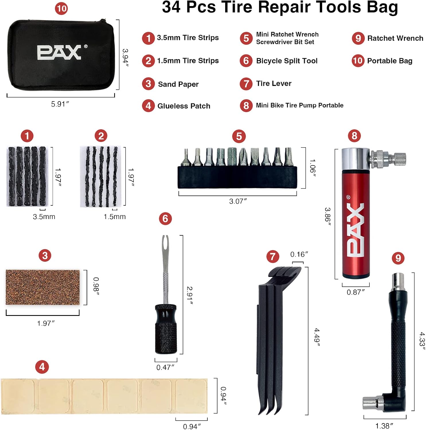 PAX 34Pcs Bike Repair Tools Bag. 10Pcs Tire Plugs &1 Split Tool, 10Pcs Mini Ratchet Wrench Screwdriver Bits,1 Ratchet Wrench, 6Pcs Glueless Tube Patches 1 Sandpaper, 1 Mini Air Pump, 3Pcs Tire Levers