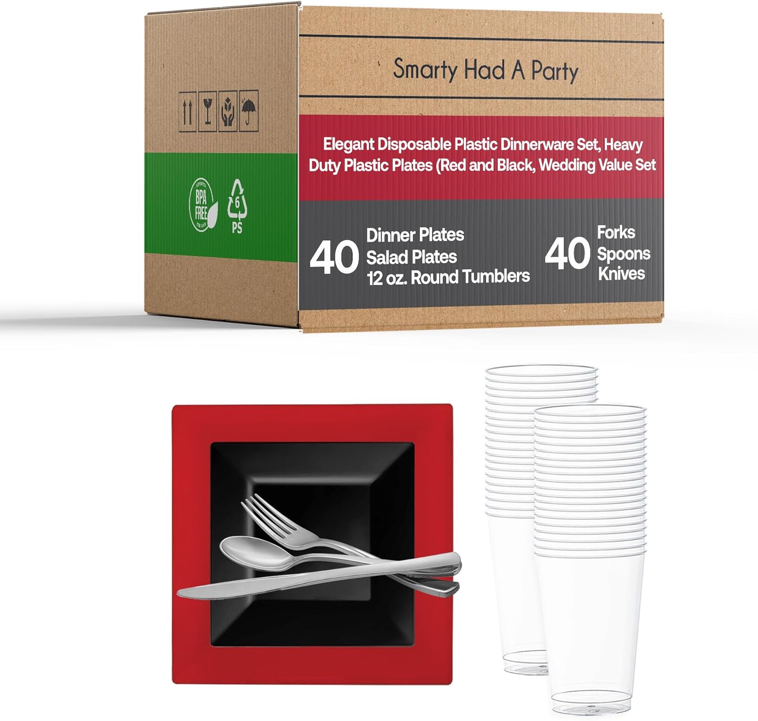 Smarty Had A Party Elegant Disposable Plastic Dinnerware Set, Heavy Duty Plastic Plates for 40 Guests, Red and Black Wedding Value Set, Durable Party Plates for Events and Special Occasions