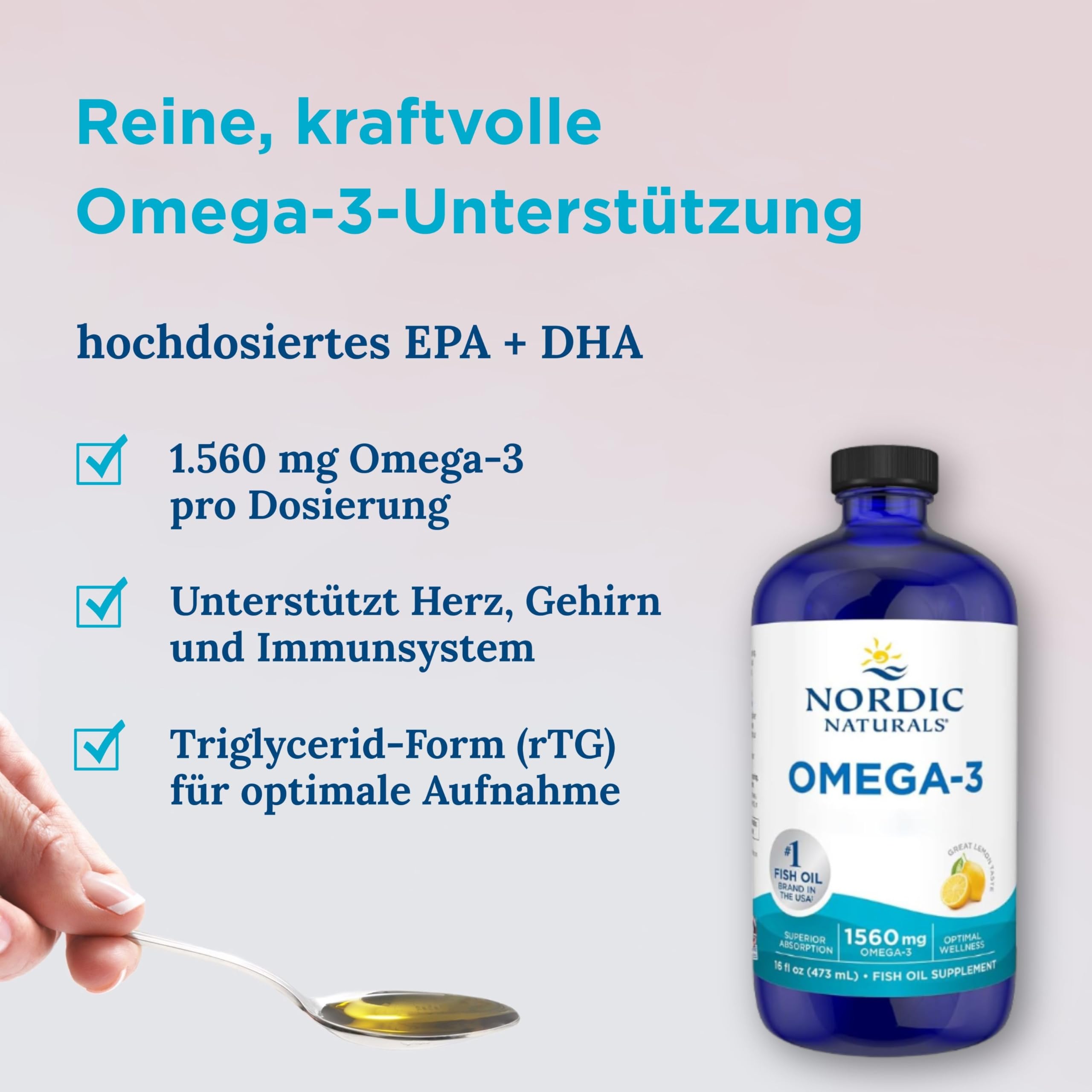Nordic Naturals, Omega 3 flüssig, 473 ml, 1.560 mg Omega-3 je Dosis mit EPA und DHA, Omega 3 Öl mit Zitronengeschmack, glutenfrei, sojafrei, ohne Gentechnik