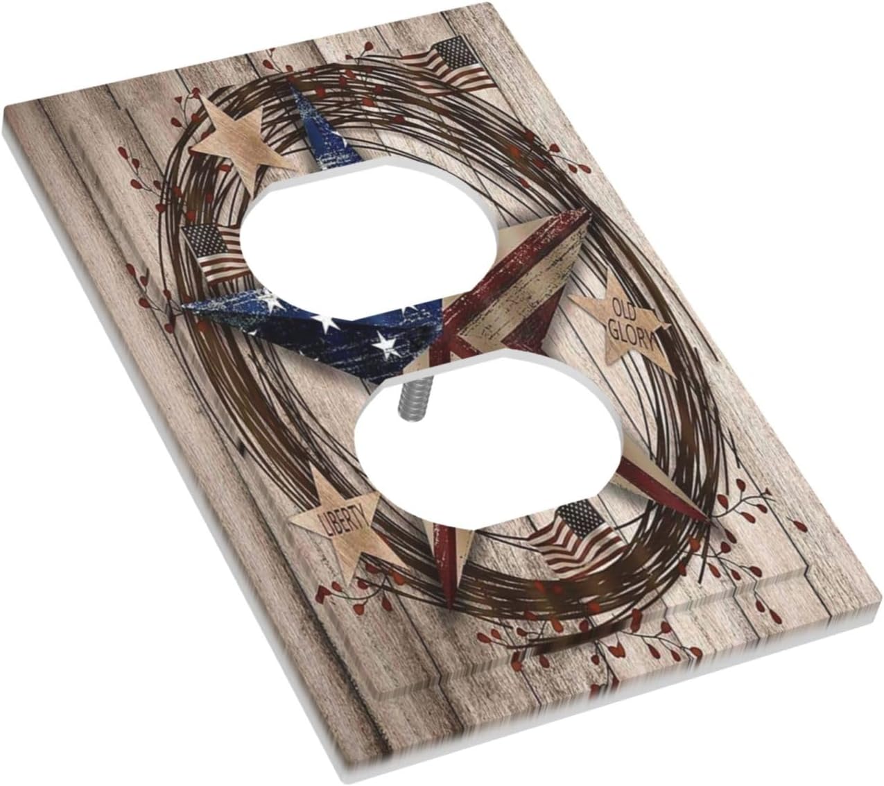 Outlet Covers Rustic Western American Flag Barn Star 1 Gang Duplex Light Switch Cover Plate Vintage Brown Wood Decorative Wall Plates Electrical Switchplate Receptacle Cover for Home Decor