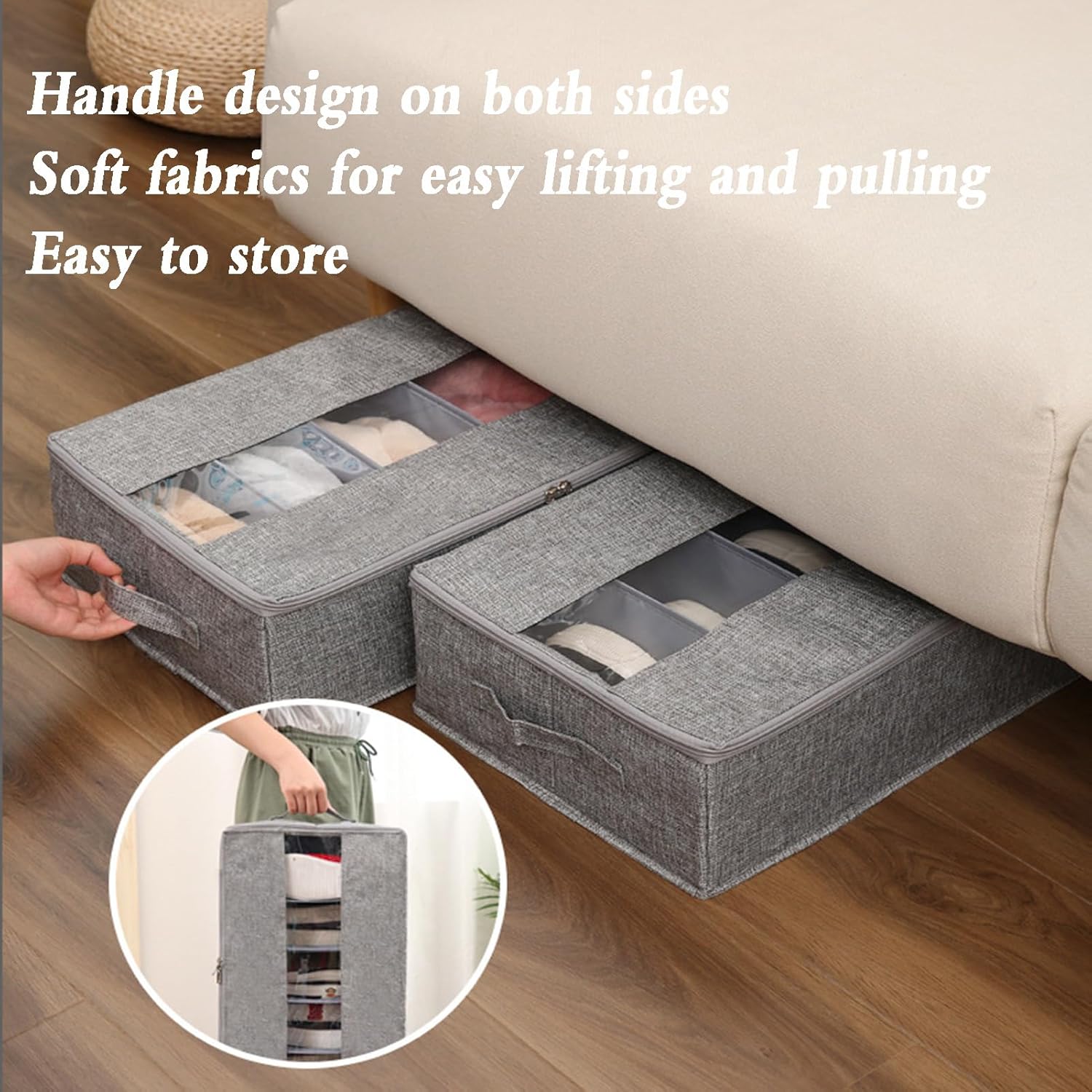 Under Bed Shoe Storage Organizer, Under Bed Fabric Storage Container Bags with Window and Handles - 24 x 13 x 6 Inches, Gray (2 pack 4)