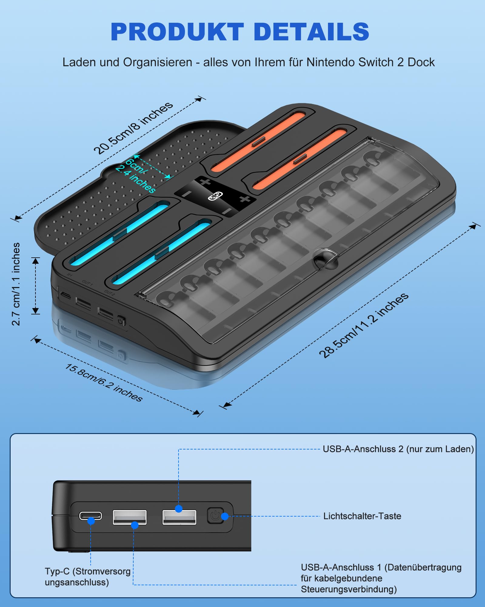 Switch Ladestation für Nintendo Switch 2, 2.5 Stunden Controller Ladestation für Joycons mit 20 Spielesteckplätzen, Spiele Aufbewahrung Docking Station Zubehör