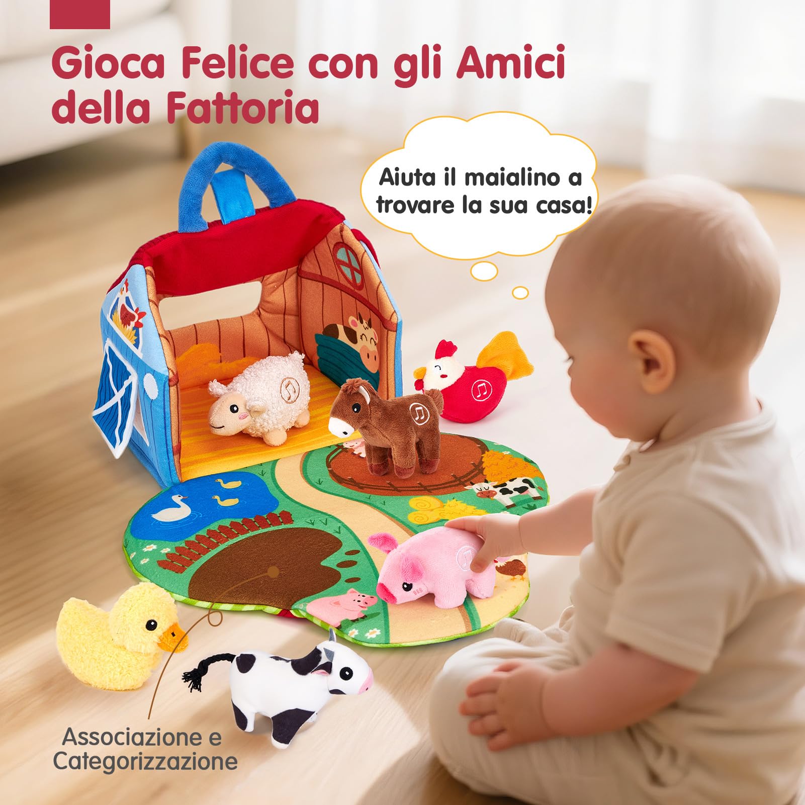 hahaland Giochi Bambini 1 Anno - Fattoria Sonora in Peluche, con 6 Animali Morbidi e Suoni Realistici, Gioco Educativo Bambino Montessori Sensoriale Regalo 6 12 18 Mesi