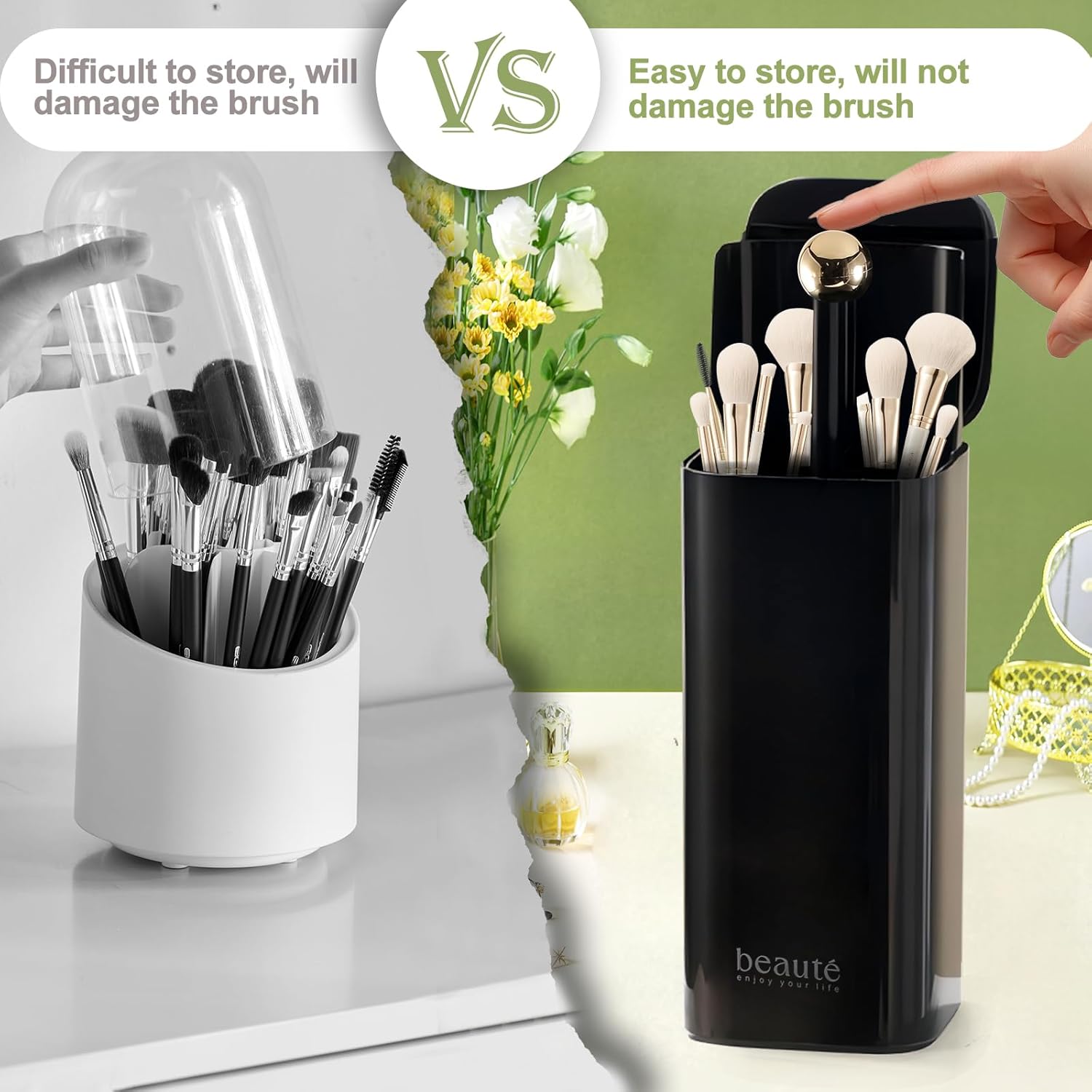 DASITON Makeup Brush Holder with Lid,4 Slots Makeup Brush Organizer,Automatic Lifting Makeup Cosmetics Organizer,for Vanity Decor,Bathroom Countertop,Dustproof Cosmetic Brushes Container(Gold-Black) - Image 4