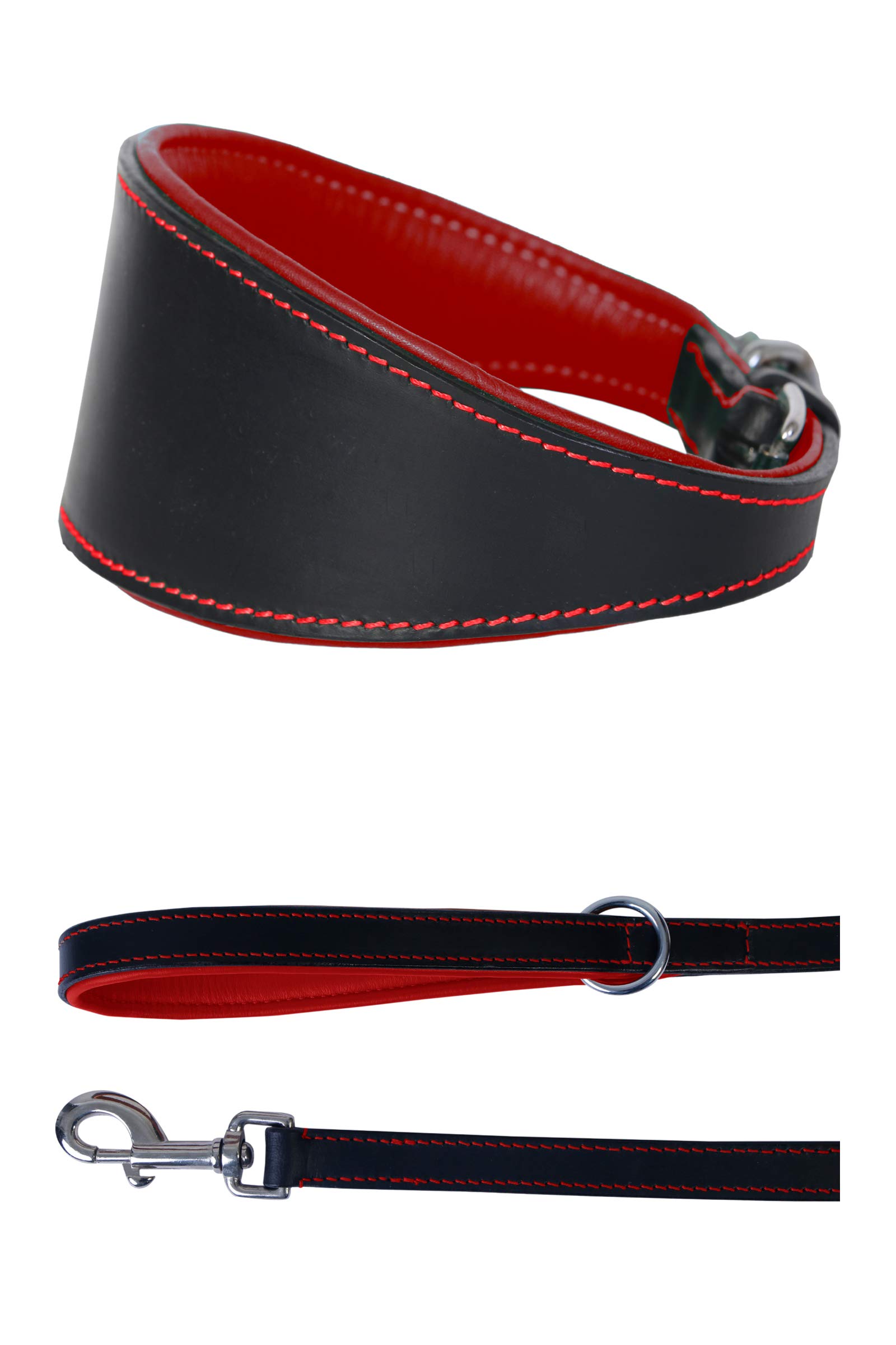 Ace Dog Collars Set - Comfy Padded Leather Collar (16" Collar – will fit 12” to 14”) + Matching Leather Lead In Black with red lining ~ Length 44" (110 cm). — image 1