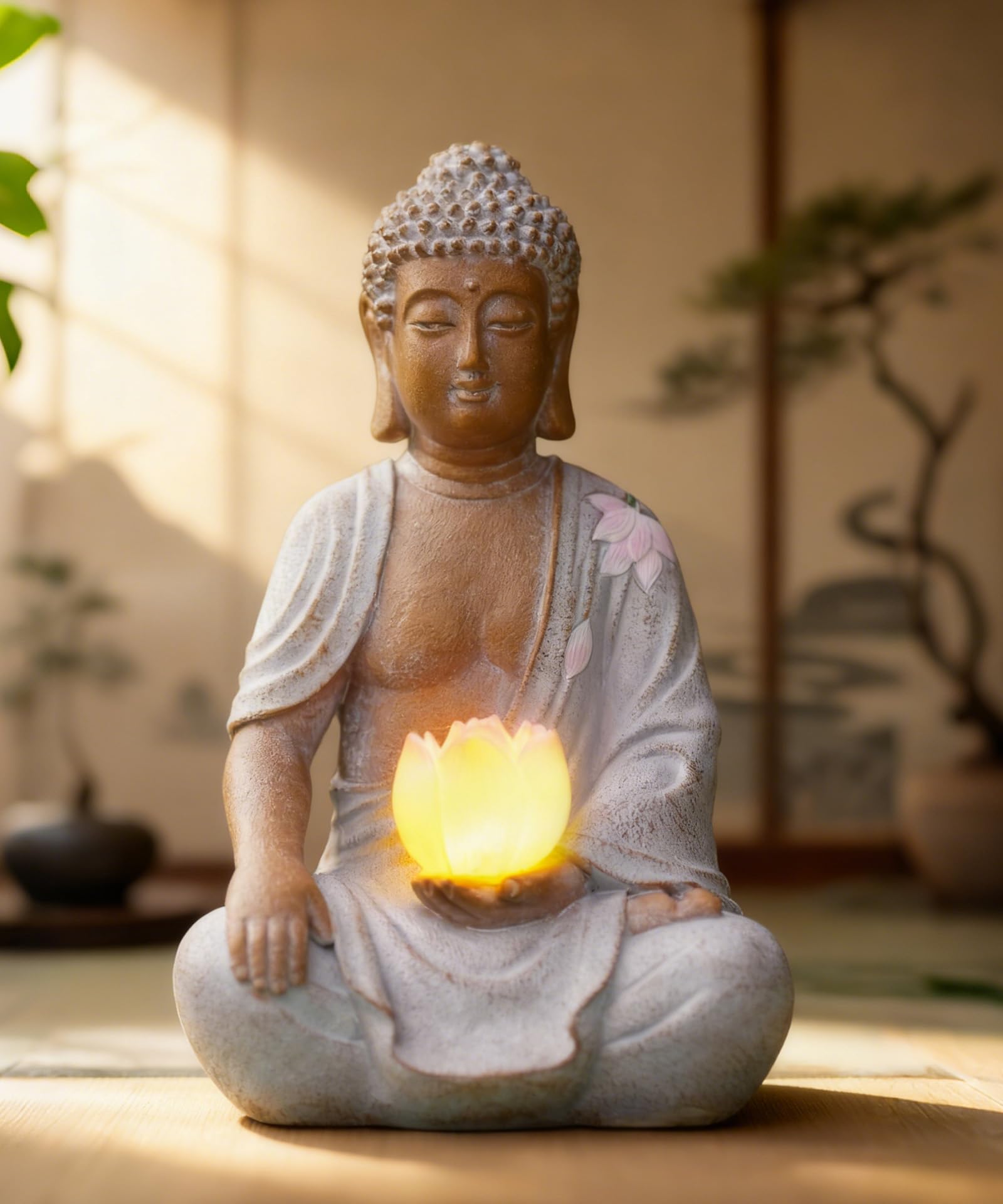 Goodeco Statua solare di Buddha con luci di loto Phink – 21 cm | Ornamenti zen seduti per patio, cortile, balcone, giardino, decorazione, regalo per donne, uomini, meditazione, bianco