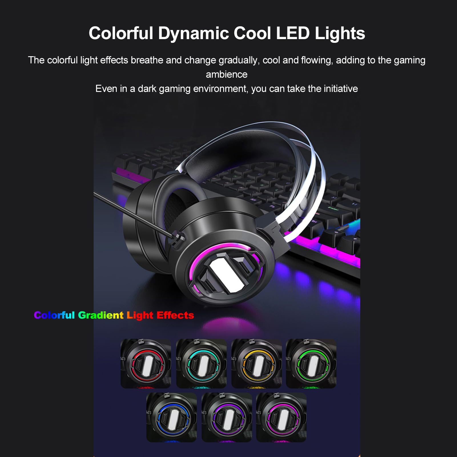 SENECESLI Kabelgebundenes Gaming-Headset, Surround-Sound-Kopfhörer mit Buntem LED-Licht, Mikrofon mit Geräuschunterdrückung für PC, Verstellbar – Ideal Zum Spielen, Arbeiten, Schwarz, 1 Stück