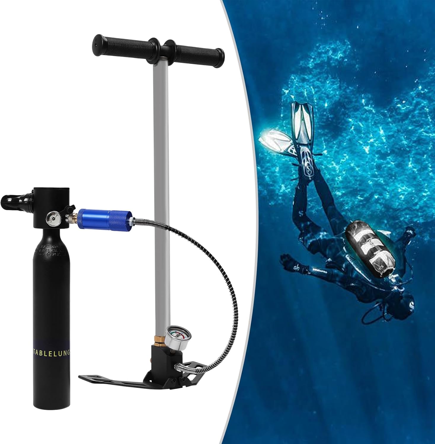 Bacocoo 3000 Mini Scuba Diving Tank Set, 0.53qt Air Tank with 4500PSI High-Pressure Pump, 3.0Cu Ft Capacity, Portable Underwater Diving Kit for Beginners & Recreational Use.